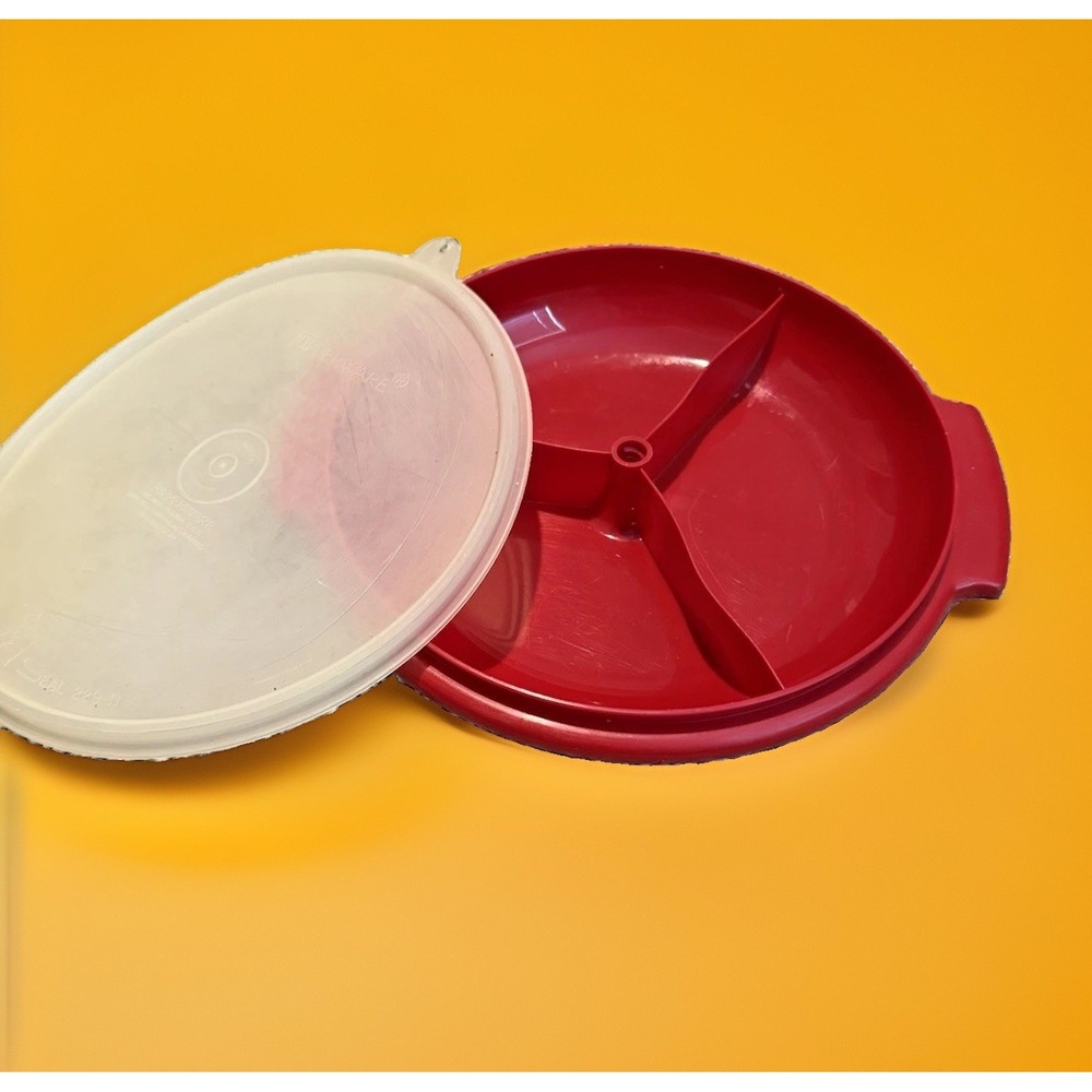 Vintage Tupperware Red 3-Section Divided Party Tray Serving Bowl with Sheer Lid